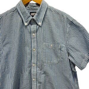 Lands End Mens XL Blue White Stripe Seersucker Short Sleeve Shirt Pocket READ